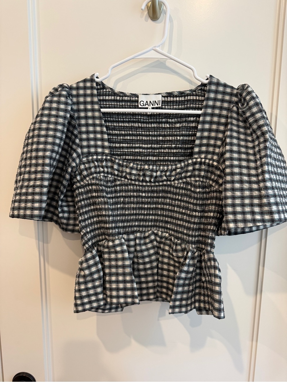 Ganni Black & White Gingham Smocked Square-Neck Peplum Top